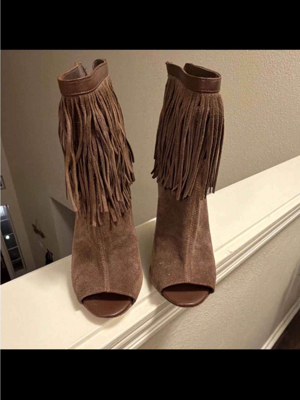 Carolina Herrera Brown Suede Fringe Peep-Toe Ankle Boots